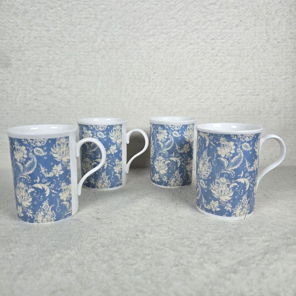 Set Of 4 Laura Ashley Kelmscott Blue Bone China Mugs/Cups Tea/Coffee